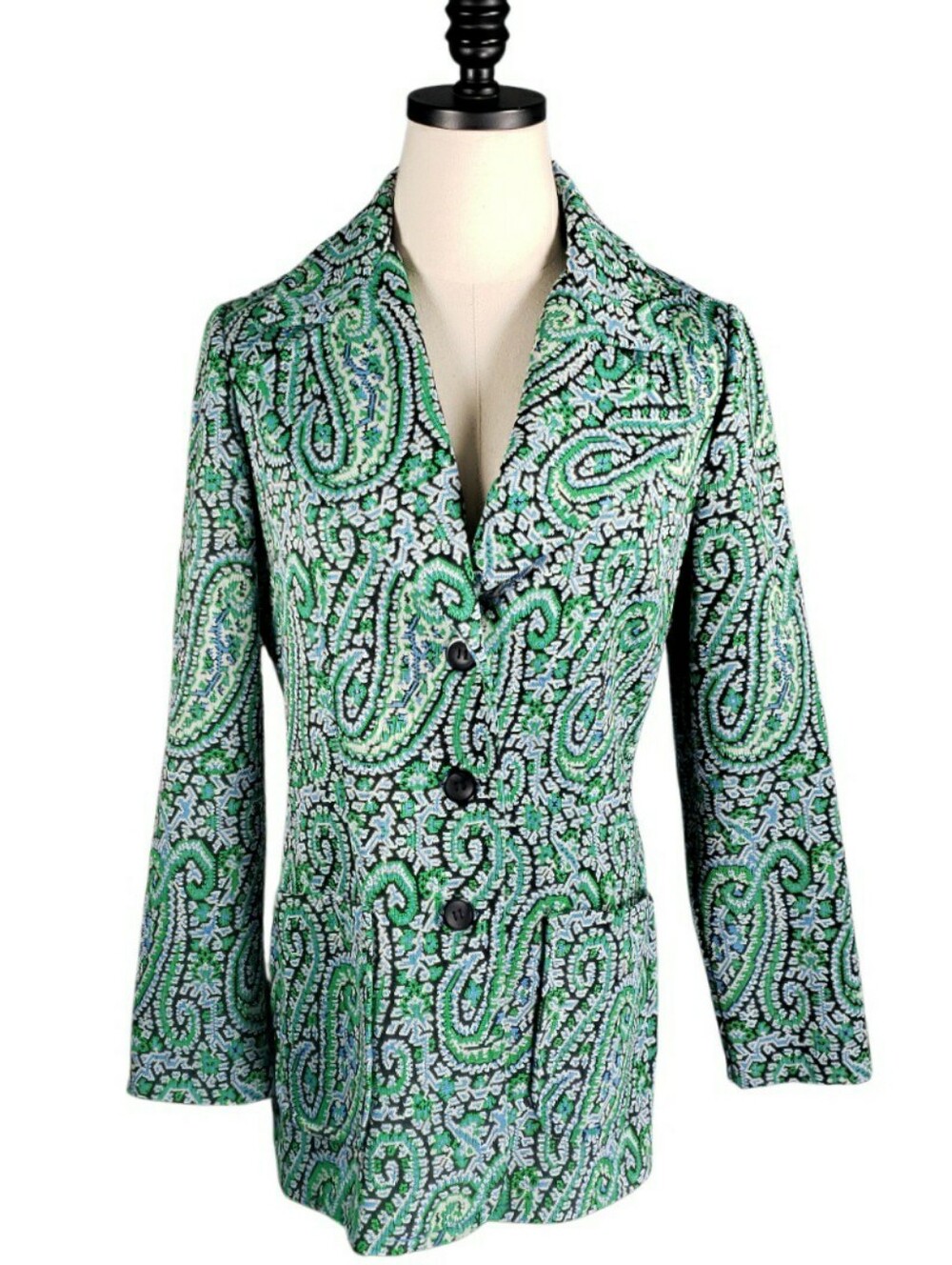Vintage 60s-70s Jack Winter Doubkeknit Green Paisley Longline Blazer Jacket S